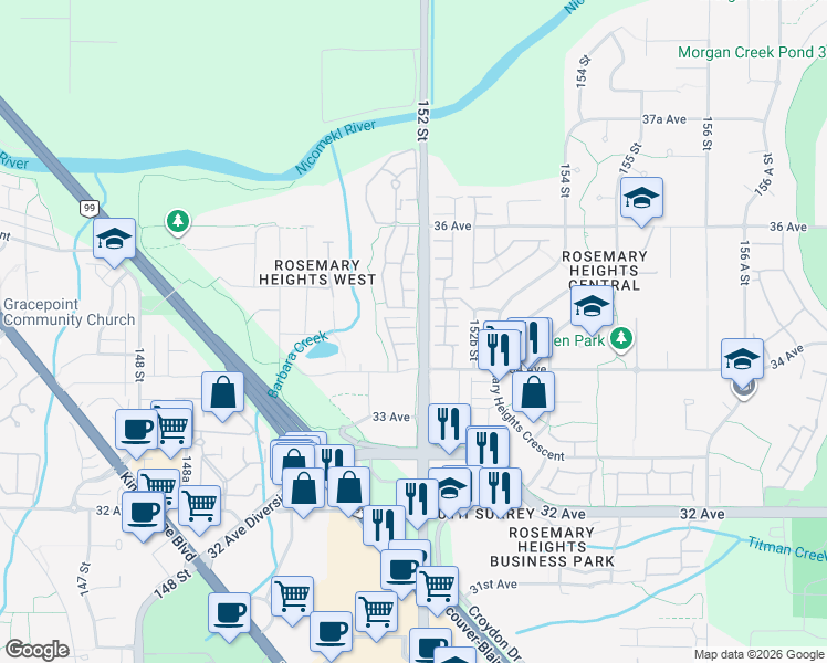 map of restaurants, bars, coffee shops, grocery stores, and more near 15151 34 Avenue in Surrey