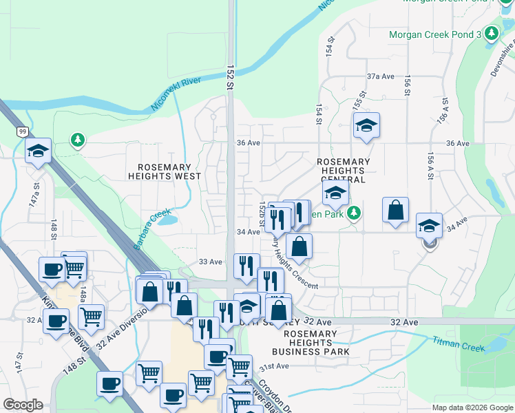 map of restaurants, bars, coffee shops, grocery stores, and more near 3459 152B Street in Surrey