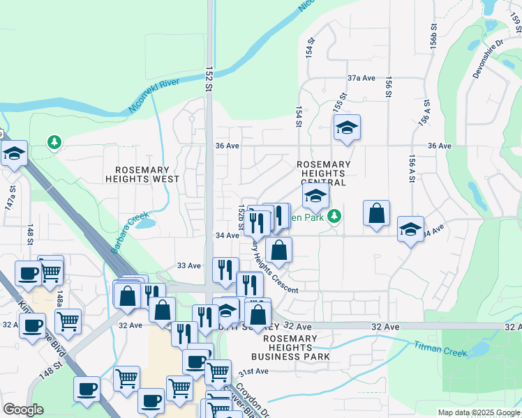 map of restaurants, bars, coffee shops, grocery stores, and more near 3466 Rosemary Heights Crescent in Surrey