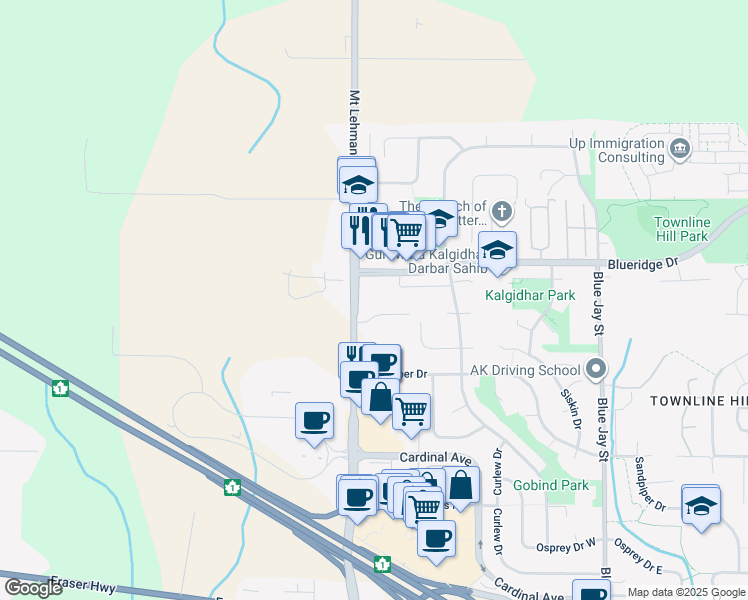 map of restaurants, bars, coffee shops, grocery stores, and more near 3440 Mount Lehman Road in Abbotsford