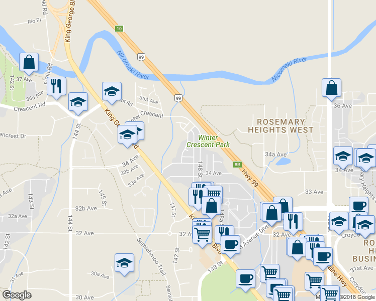 map of restaurants, bars, coffee shops, grocery stores, and more near 3456 147A Street in Surrey