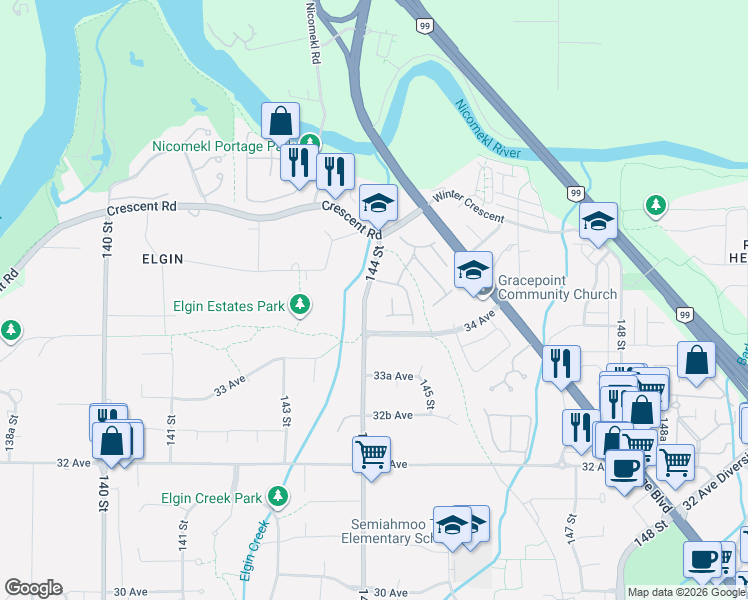 map of restaurants, bars, coffee shops, grocery stores, and more near 3470 144 Street in Surrey