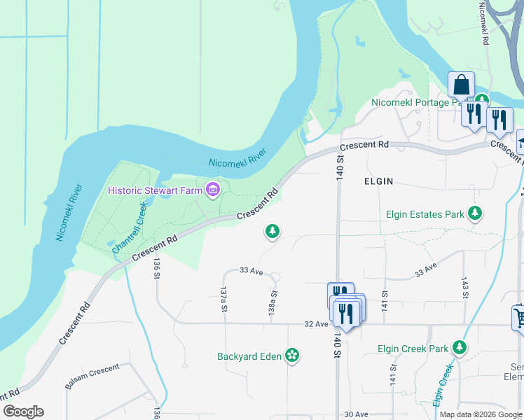 map of restaurants, bars, coffee shops, grocery stores, and more near 13838 Crescent Road in Surrey