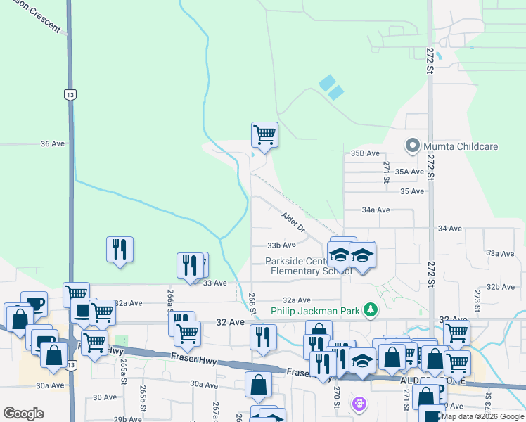 map of restaurants, bars, coffee shops, grocery stores, and more near 26824 Alder Drive in Langley Township