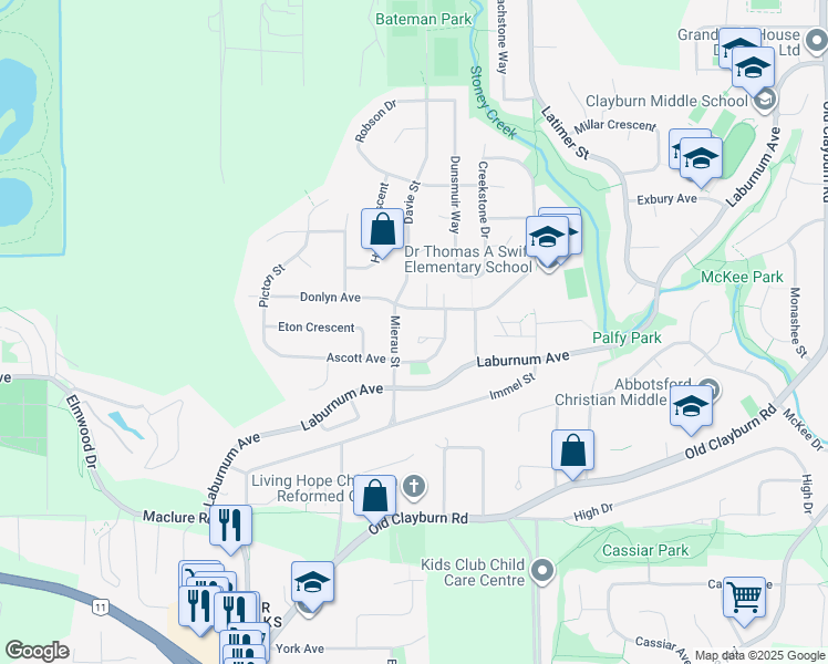 map of restaurants, bars, coffee shops, grocery stores, and more near 34641 Tudor Court in Abbotsford