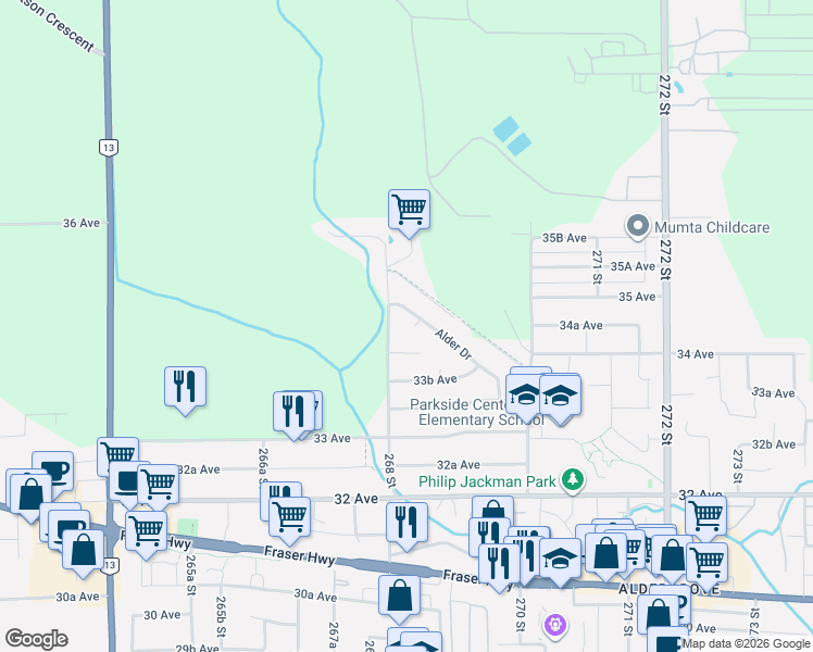 map of restaurants, bars, coffee shops, grocery stores, and more near 26824 Alder Drive in Langley Township