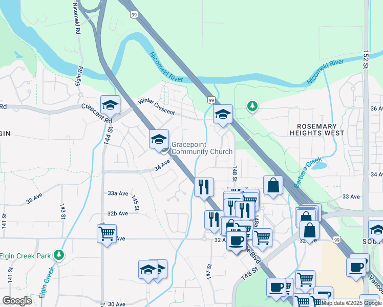 map of restaurants, bars, coffee shops, grocery stores, and more near 3480 146A Street in Surrey