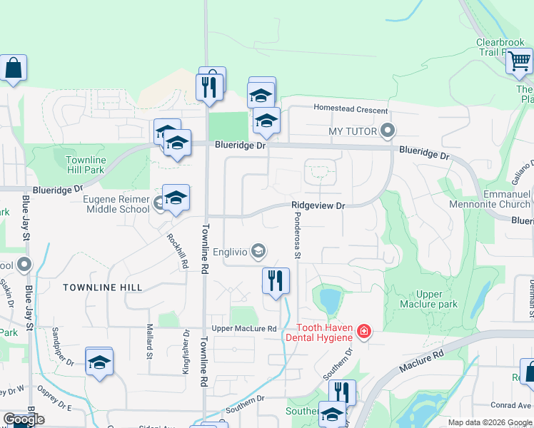 map of restaurants, bars, coffee shops, grocery stores, and more near 31338 Ridgeview Drive in Abbotsford