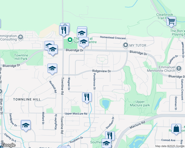 map of restaurants, bars, coffee shops, grocery stores, and more near 3447 Ponderosa Street in Abbotsford