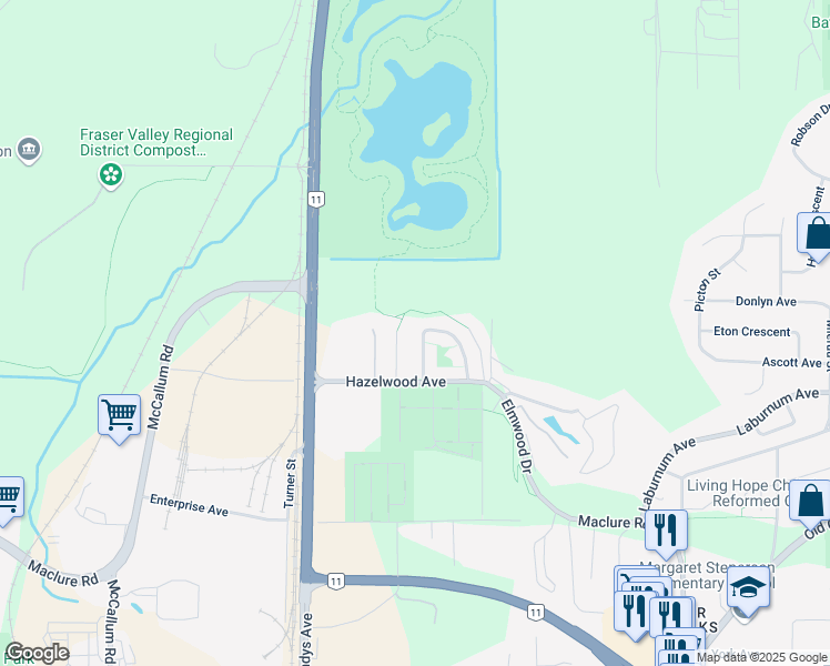 map of restaurants, bars, coffee shops, grocery stores, and more near 3419 Juniper Crescent in Abbotsford