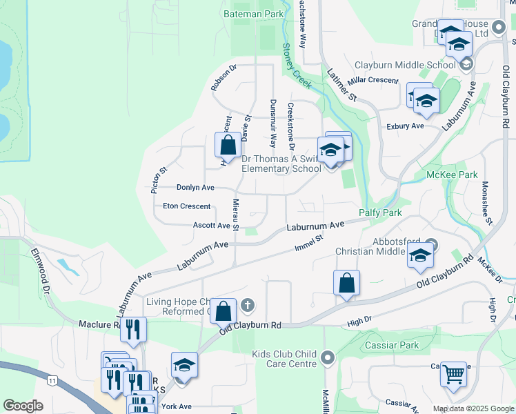 map of restaurants, bars, coffee shops, grocery stores, and more near 34661 Tudor Court in Abbotsford