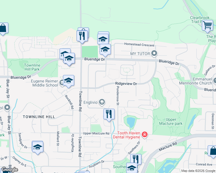 map of restaurants, bars, coffee shops, grocery stores, and more near 31338 Ridgeview Drive in Abbotsford