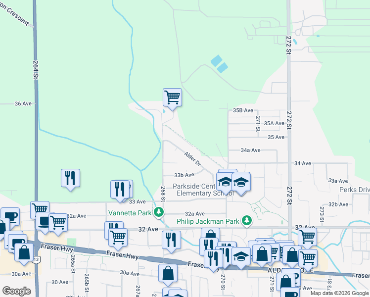 map of restaurants, bars, coffee shops, grocery stores, and more near 26853 Alder Drive in Langley Township