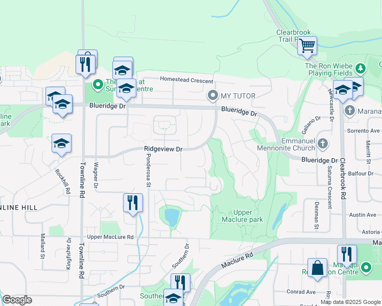 map of restaurants, bars, coffee shops, grocery stores, and more near 31520 Ridgeview Drive in Abbotsford