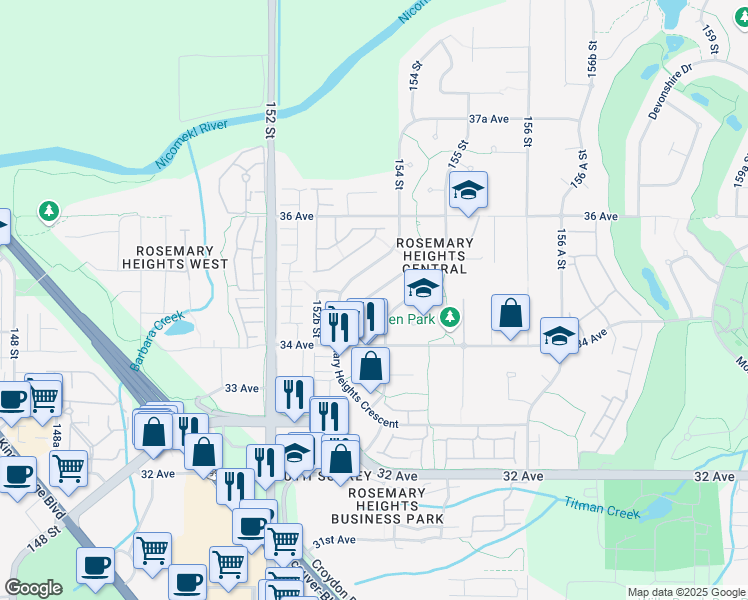 map of restaurants, bars, coffee shops, grocery stores, and more near in Surrey