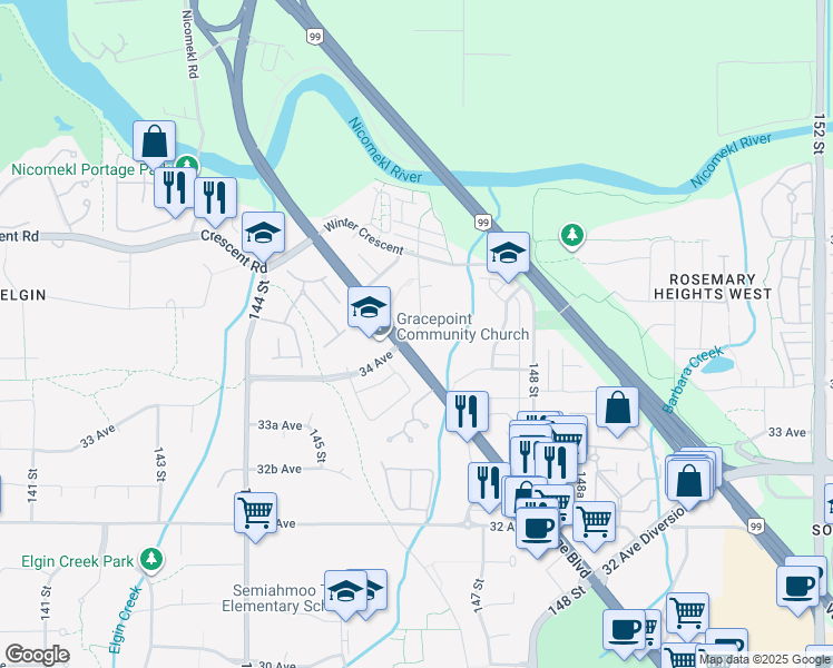 map of restaurants, bars, coffee shops, grocery stores, and more near 3480 146A Street in Surrey