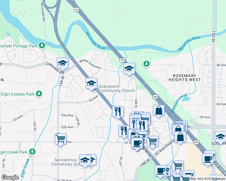 map of restaurants, bars, coffee shops, grocery stores, and more near 3480 146A Street in Surrey