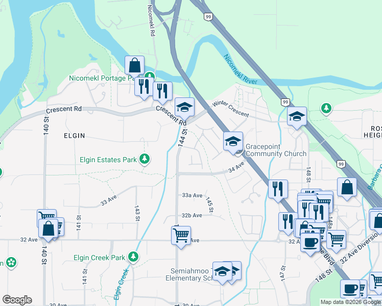 map of restaurants, bars, coffee shops, grocery stores, and more near 3500 144 Street in Surrey