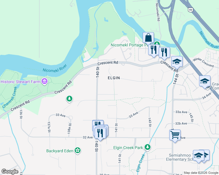 map of restaurants, bars, coffee shops, grocery stores, and more near 3467 141 Street in Surrey