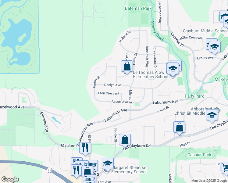 map of restaurants, bars, coffee shops, grocery stores, and more near 34521 Eton Crescent in Abbotsford