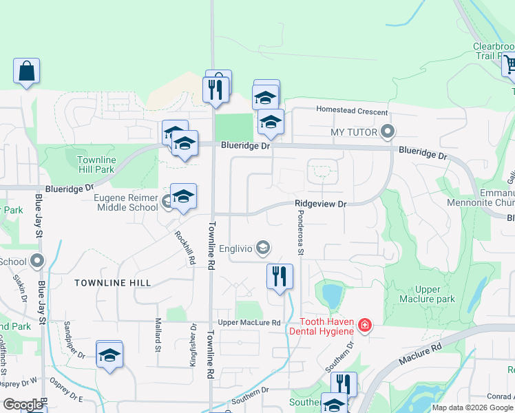 map of restaurants, bars, coffee shops, grocery stores, and more near 31338 Ridgeview Drive in Abbotsford