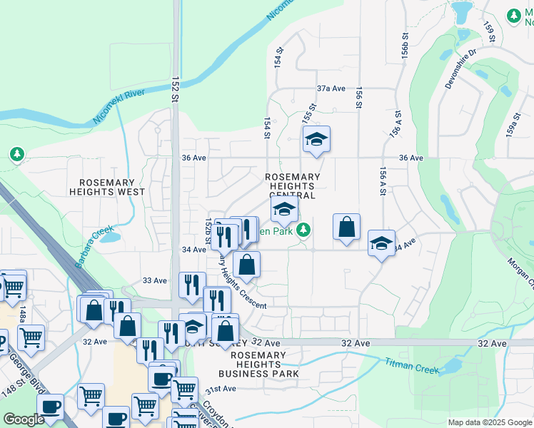 map of restaurants, bars, coffee shops, grocery stores, and more near 3473 Rosemary Heights Drive in Surrey