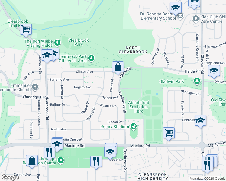 map of restaurants, bars, coffee shops, grocery stores, and more near 3470 Chase Street in Abbotsford