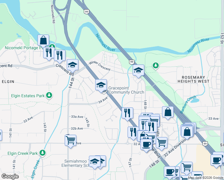 map of restaurants, bars, coffee shops, grocery stores, and more near 3465 146A Street in Surrey