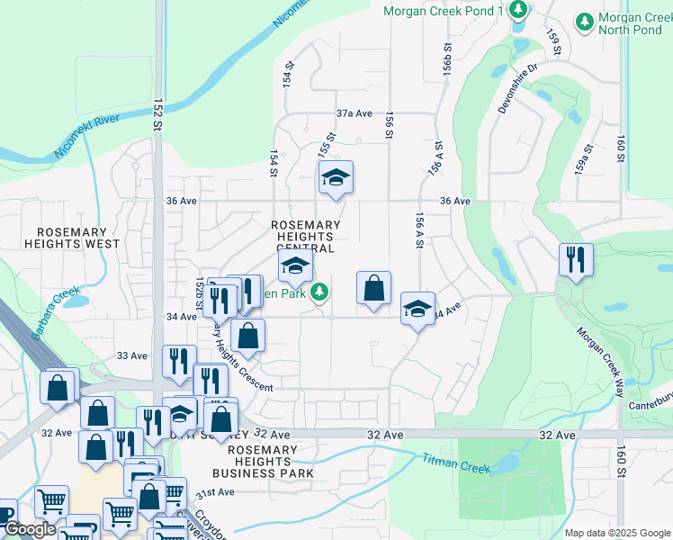 map of restaurants, bars, coffee shops, grocery stores, and more near 3490 155 Street in Surrey