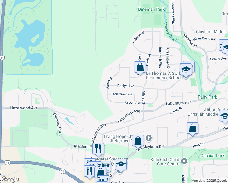 map of restaurants, bars, coffee shops, grocery stores, and more near 34455 Eton Crescent in Abbotsford