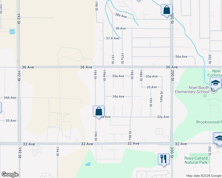 map of restaurants, bars, coffee shops, grocery stores, and more near 3483 197 Street in Langley