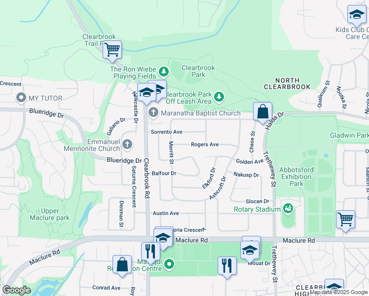 map of restaurants, bars, coffee shops, grocery stores, and more near 32120 Rogers Avenue in Abbotsford