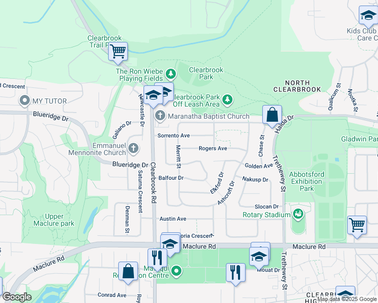 map of restaurants, bars, coffee shops, grocery stores, and more near 32110 Rogers Avenue in Abbotsford