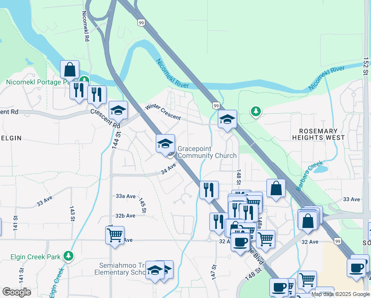 map of restaurants, bars, coffee shops, grocery stores, and more near 3465 146A Street in Surrey