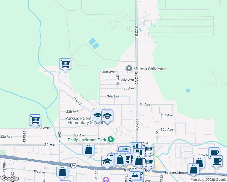 map of restaurants, bars, coffee shops, grocery stores, and more near 27082 35 Avenue in Langley Township