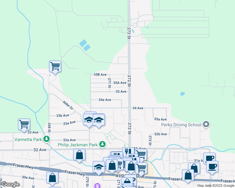 map of restaurants, bars, coffee shops, grocery stores, and more near 27158 35 Avenue in Langley Township