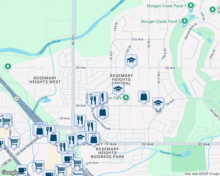 map of restaurants, bars, coffee shops, grocery stores, and more near 3486 154 Street in Surrey