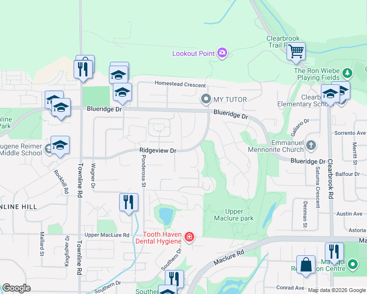 map of restaurants, bars, coffee shops, grocery stores, and more near 31525 Ridgeview Drive in Abbotsford
