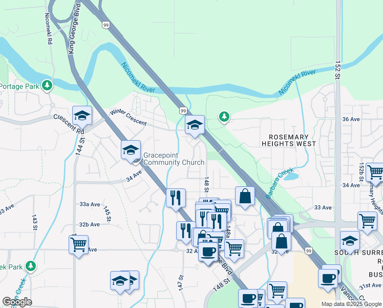 map of restaurants, bars, coffee shops, grocery stores, and more near 3471 147A Street in Surrey