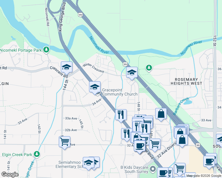 map of restaurants, bars, coffee shops, grocery stores, and more near 3528 146A Street in Surrey