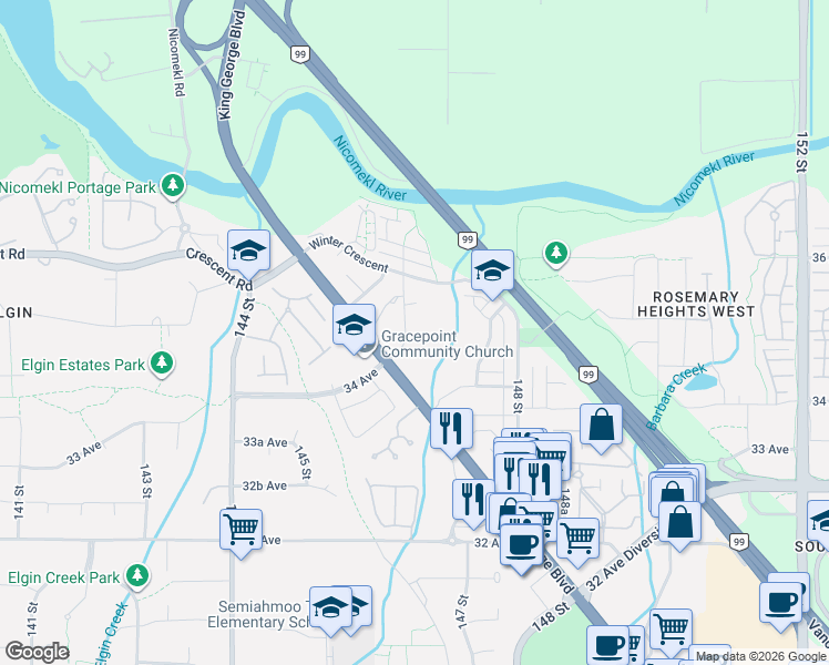 map of restaurants, bars, coffee shops, grocery stores, and more near 3528 146A Street in Surrey