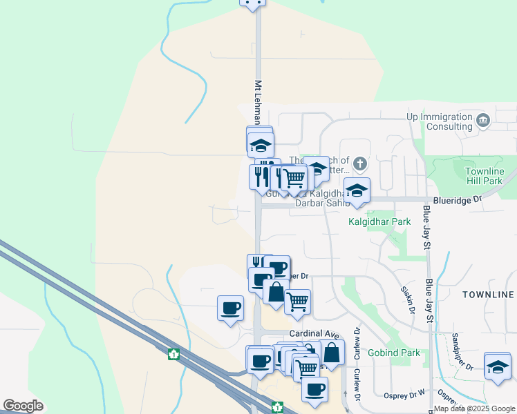 map of restaurants, bars, coffee shops, grocery stores, and more near Mount Lehman Road & Blueridge Drive in Abbotsford