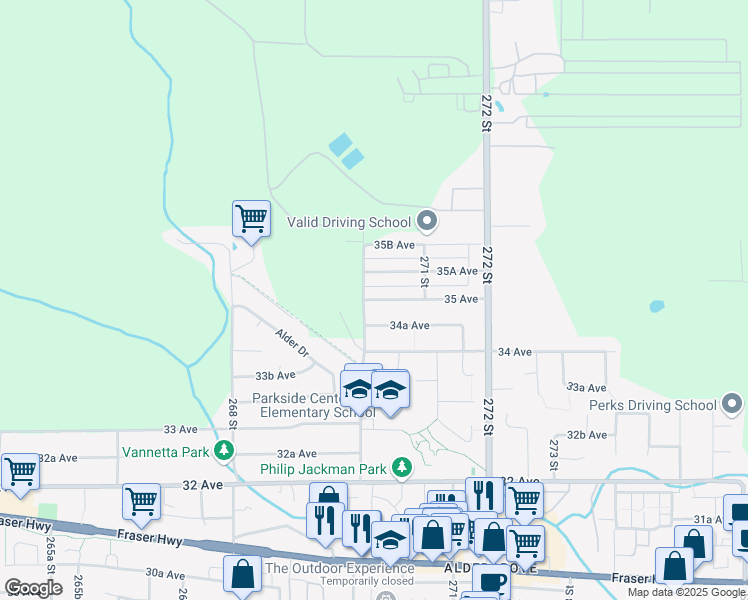 map of restaurants, bars, coffee shops, grocery stores, and more near 27016 35 Avenue in Langley