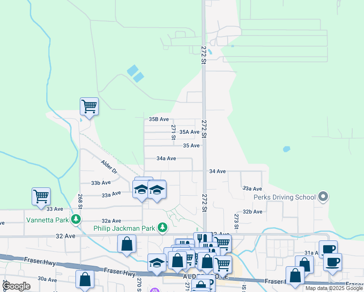 map of restaurants, bars, coffee shops, grocery stores, and more near 27138 35 Avenue in Langley
