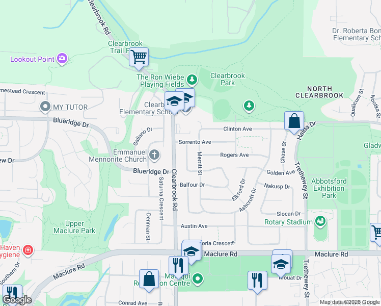 map of restaurants, bars, coffee shops, grocery stores, and more near 3504 Creston Drive in Abbotsford