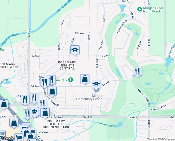 map of restaurants, bars, coffee shops, grocery stores, and more near 3505 156 Street in Surrey