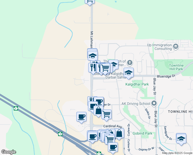 map of restaurants, bars, coffee shops, grocery stores, and more near 3440 Mount Lehman Road in Abbotsford