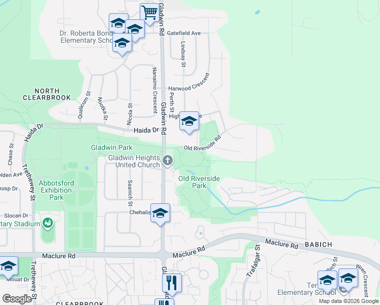 map of restaurants, bars, coffee shops, grocery stores, and more near 32880 Old Riverside Road in Abbotsford