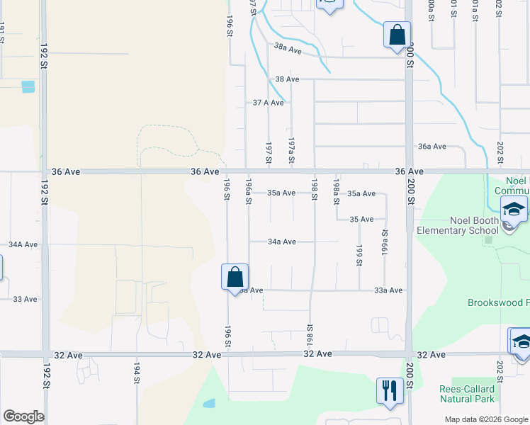 map of restaurants, bars, coffee shops, grocery stores, and more near 3509 197 Street in Langley