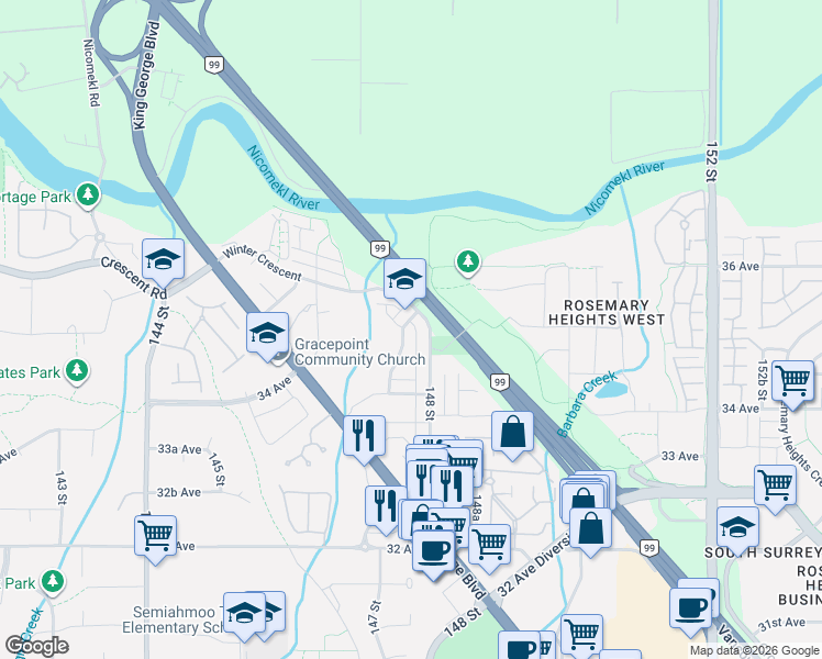map of restaurants, bars, coffee shops, grocery stores, and more near 3492 147A Street in Surrey